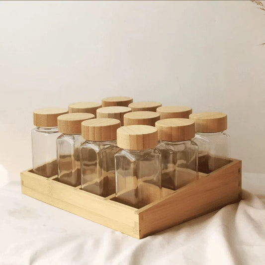 12-Piece Spice Jar Set – Glass Seasoning Jars with Rotating Rack