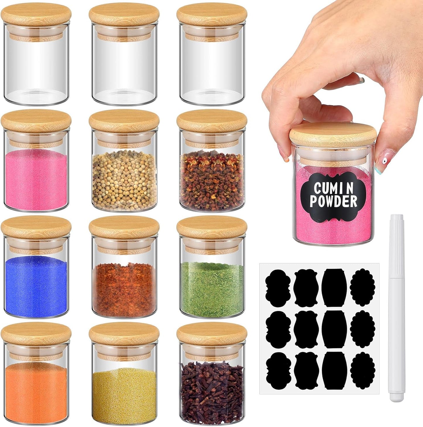12-Piece Spice Jar Set – Glass Seasoning Jars with Rotating Rack